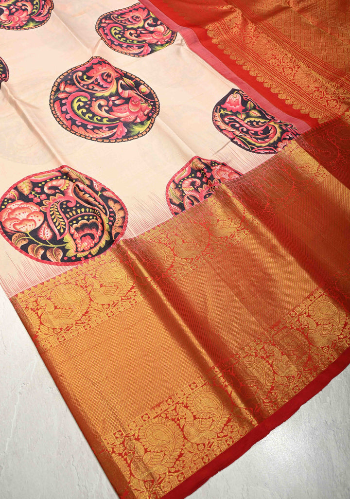 Beige Pure Kanjivaram Silk Saree with Kalamkari Mandala-Peacock Digital Print and Contrast Wide Zari Border | SILK MARK CERTIFIED