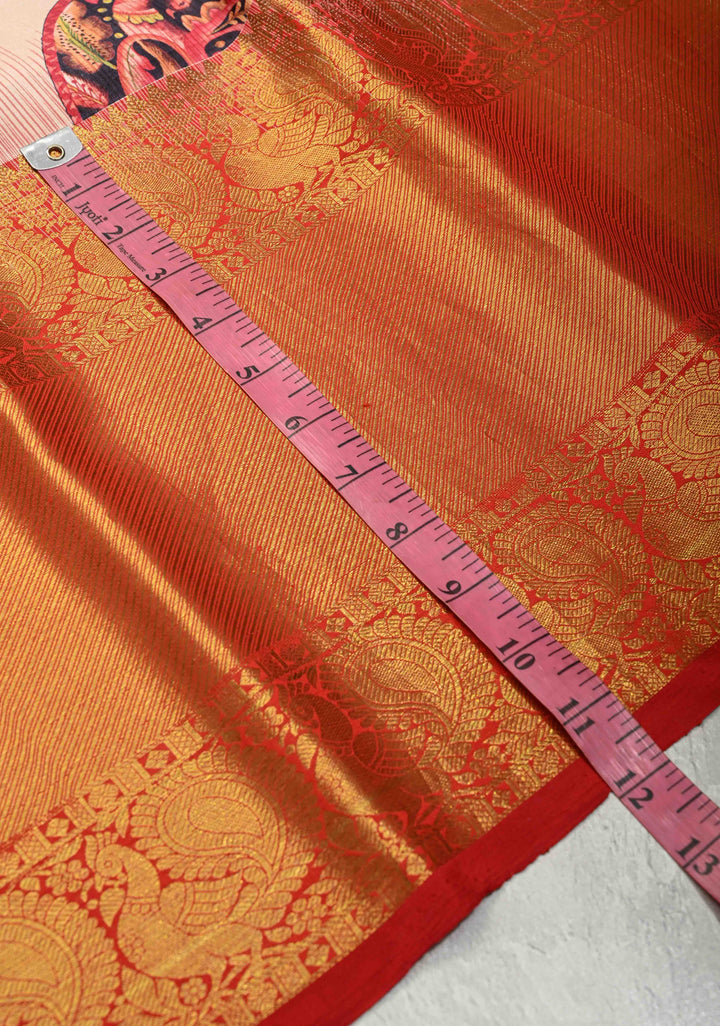 Beige Pure Kanjivaram Silk Saree with Kalamkari Mandala-Peacock Digital Print and Contrast Wide Zari Border | SILK MARK CERTIFIED