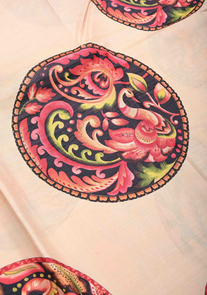 Beige Pure Kanjivaram Silk Saree with Kalamkari Mandala-Peacock Digital Print and Contrast Wide Zari Border | SILK MARK CERTIFIED