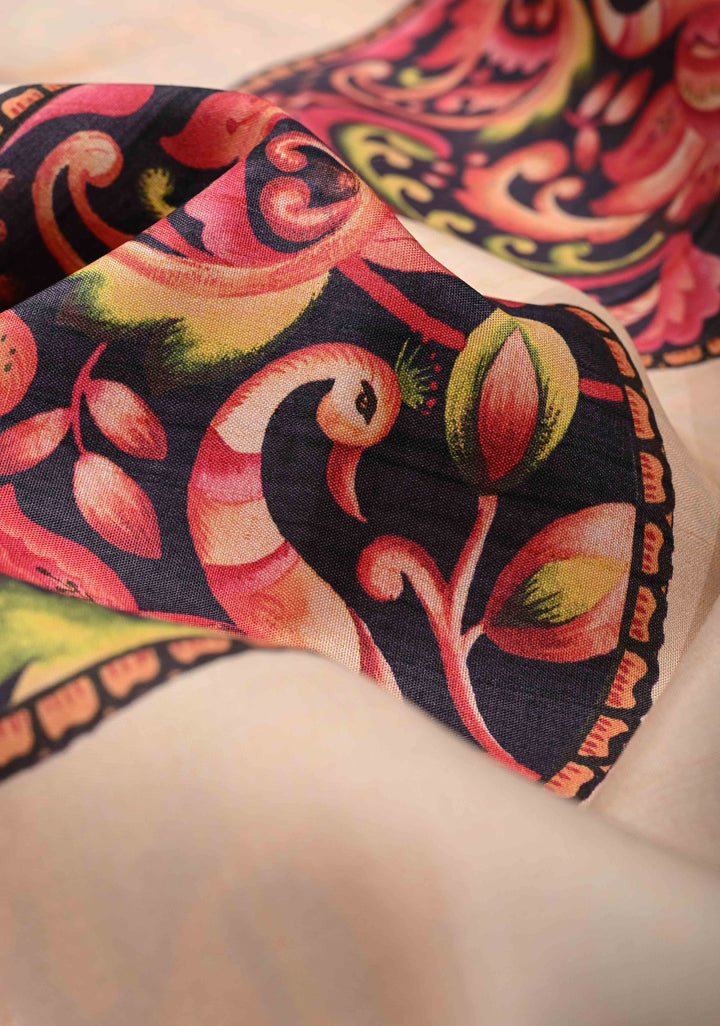 Beige Pure Kanjivaram Silk Saree with Kalamkari Mandala-Peacock Digital Print and Contrast Wide Zari Border | SILK MARK CERTIFIED