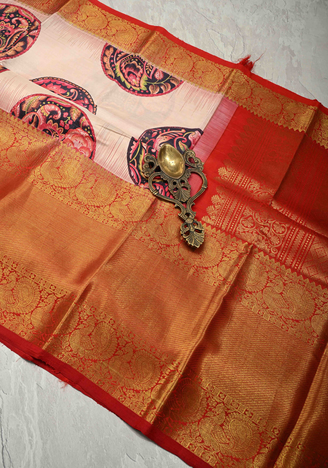 Beige Pure Kanjivaram Silk Saree with Kalamkari Mandala-Peacock Digital Print and Contrast Wide Zari Border | SILK MARK CERTIFIED