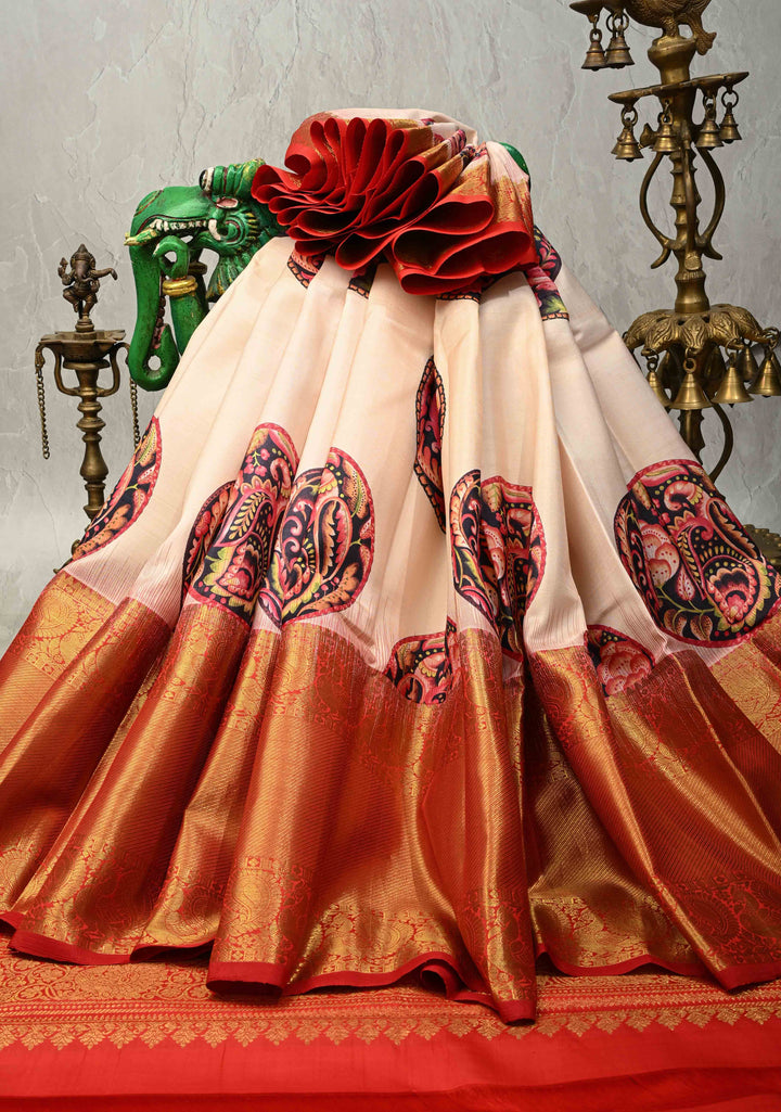 Beige Pure Kanjivaram Silk Saree with Kalamkari Mandala-Peacock Digital Print and Contrast Wide Zari Border | SILK MARK CERTIFIED