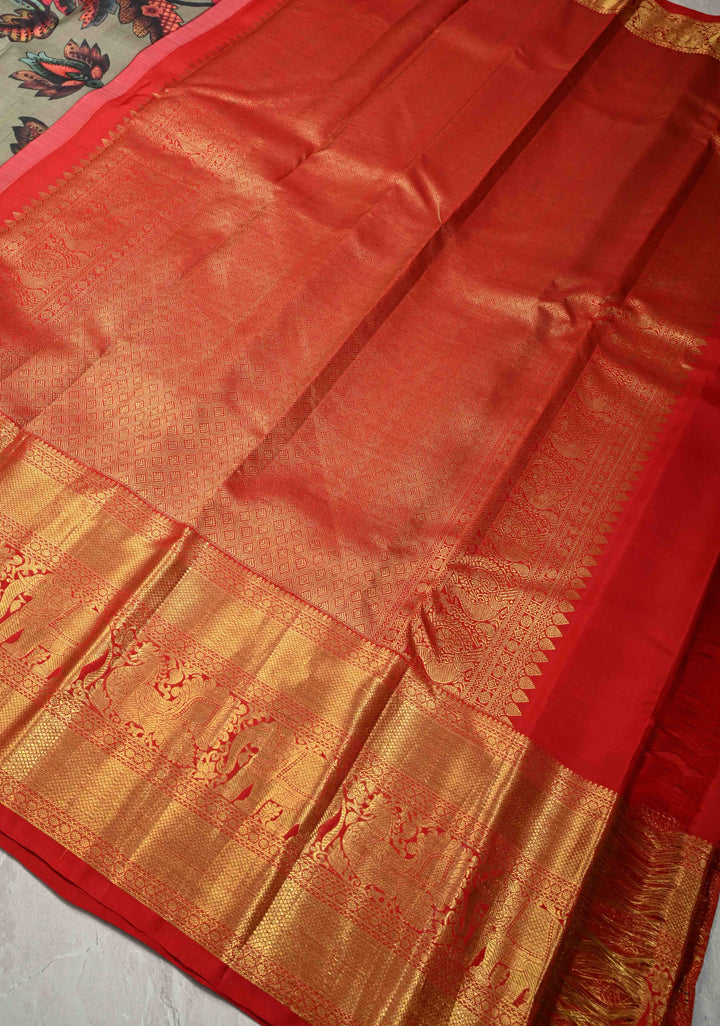 Dark Sage Green Pure Kanjivaram Silk Saree with Floral Digital Print and Contrast Wide Zari Border | SILK MARK CERTIFIED