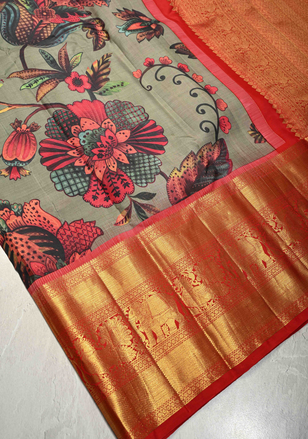 Dark Sage Green Pure Kanjivaram Silk Saree with Floral Digital Print and Contrast Wide Zari Border | SILK MARK CERTIFIED