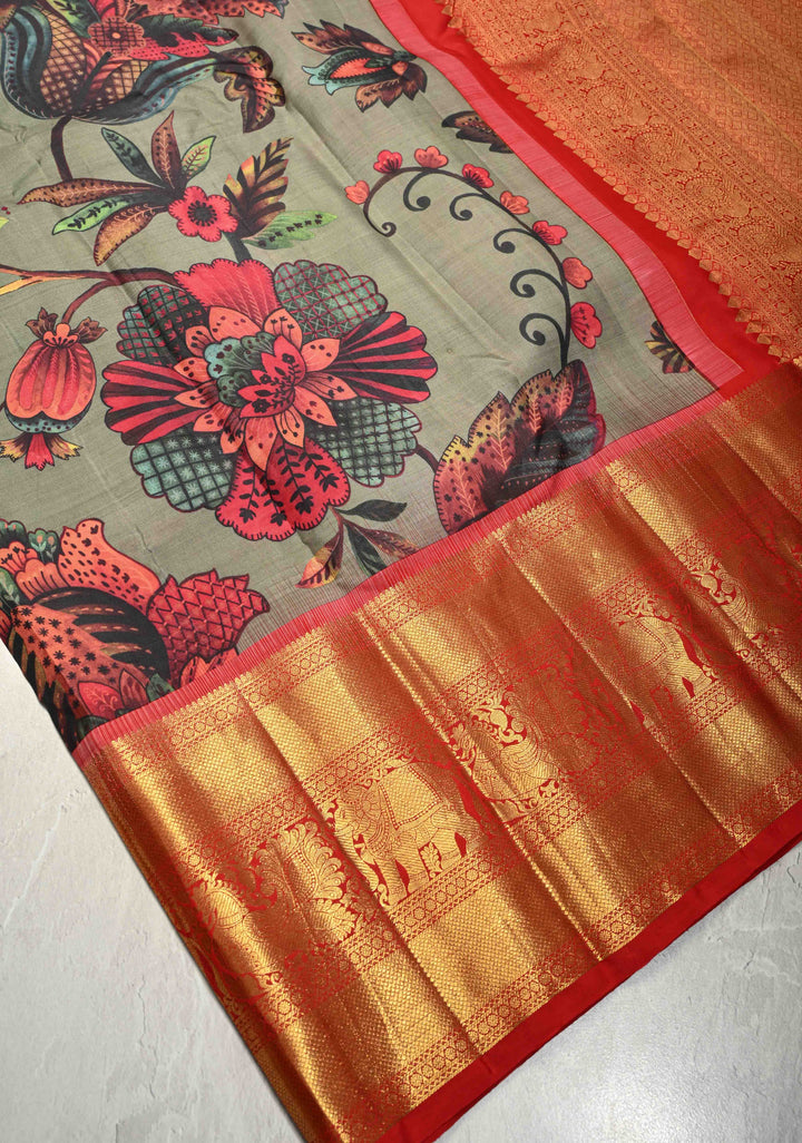 Dark Sage Green Pure Kanjivaram Silk Saree with Floral Digital Print and Contrast Wide Zari Border | SILK MARK CERTIFIED