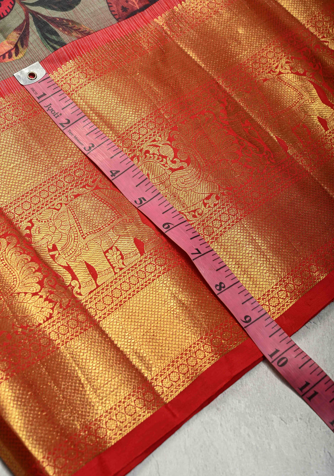 Dark Sage Green Pure Kanjivaram Silk Saree with Floral Digital Print and Contrast Wide Zari Border | SILK MARK CERTIFIED