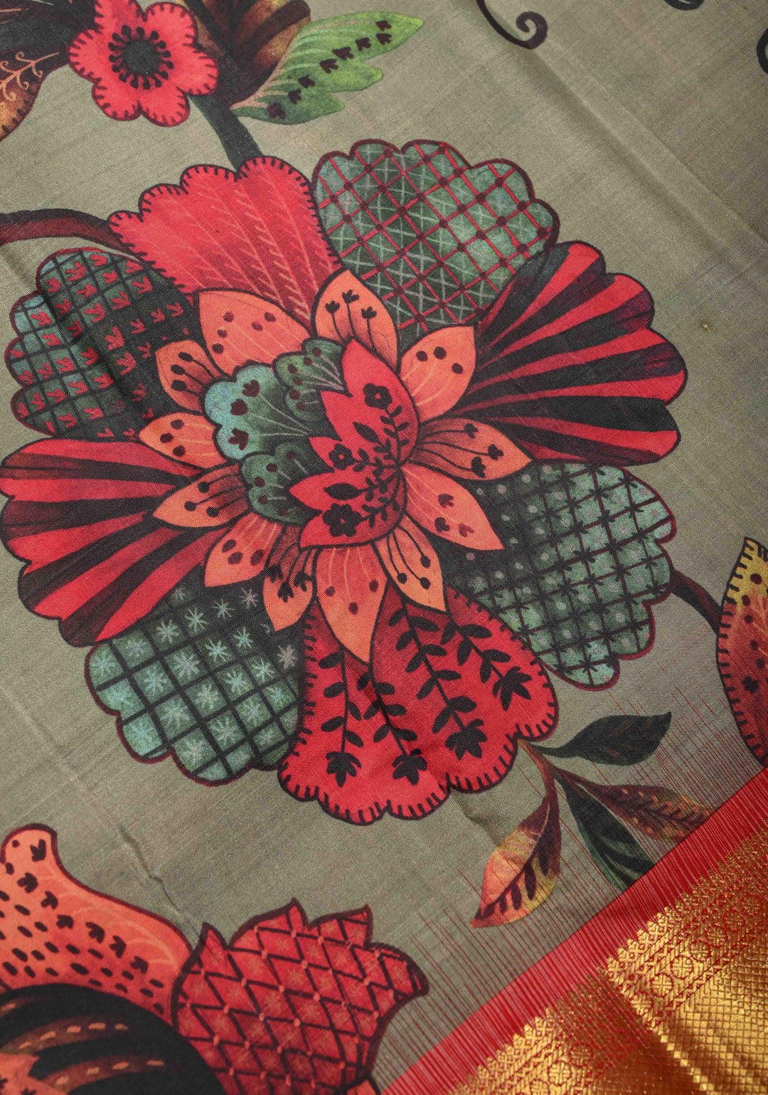 Dark Sage Green Pure Kanjivaram Silk Saree with Floral Digital Print and Contrast Wide Zari Border | SILK MARK CERTIFIED