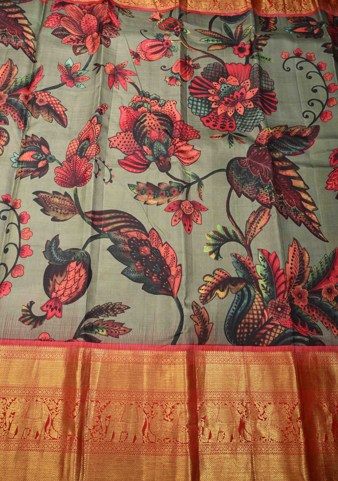 Dark Sage Green Pure Kanjivaram Silk Saree with Floral Digital Print and Contrast Wide Zari Border | SILK MARK CERTIFIED