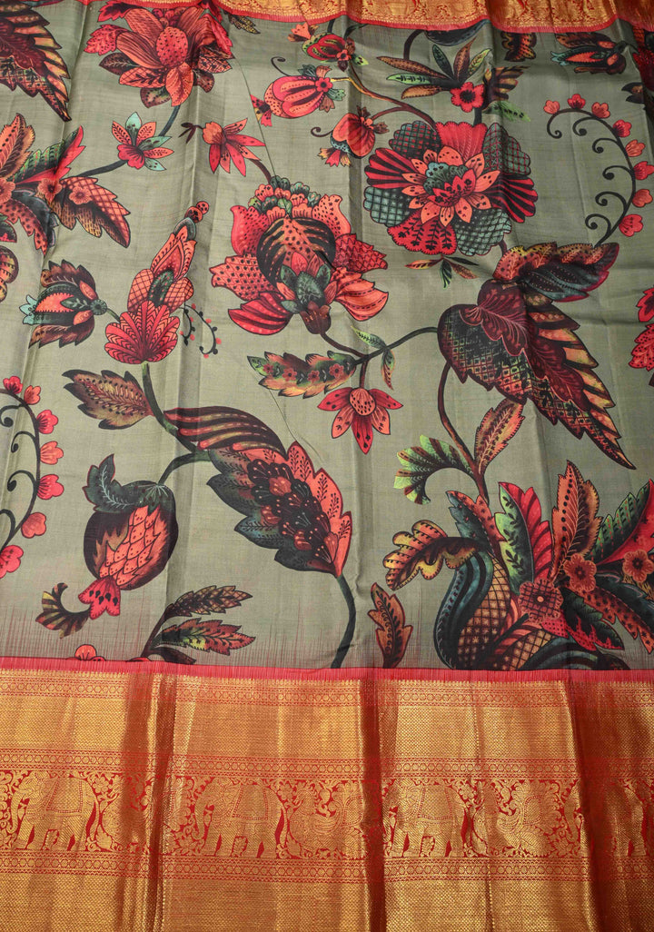 Dark Sage Green Pure Kanjivaram Silk Saree with Floral Digital Print and Contrast Wide Zari Border | SILK MARK CERTIFIED