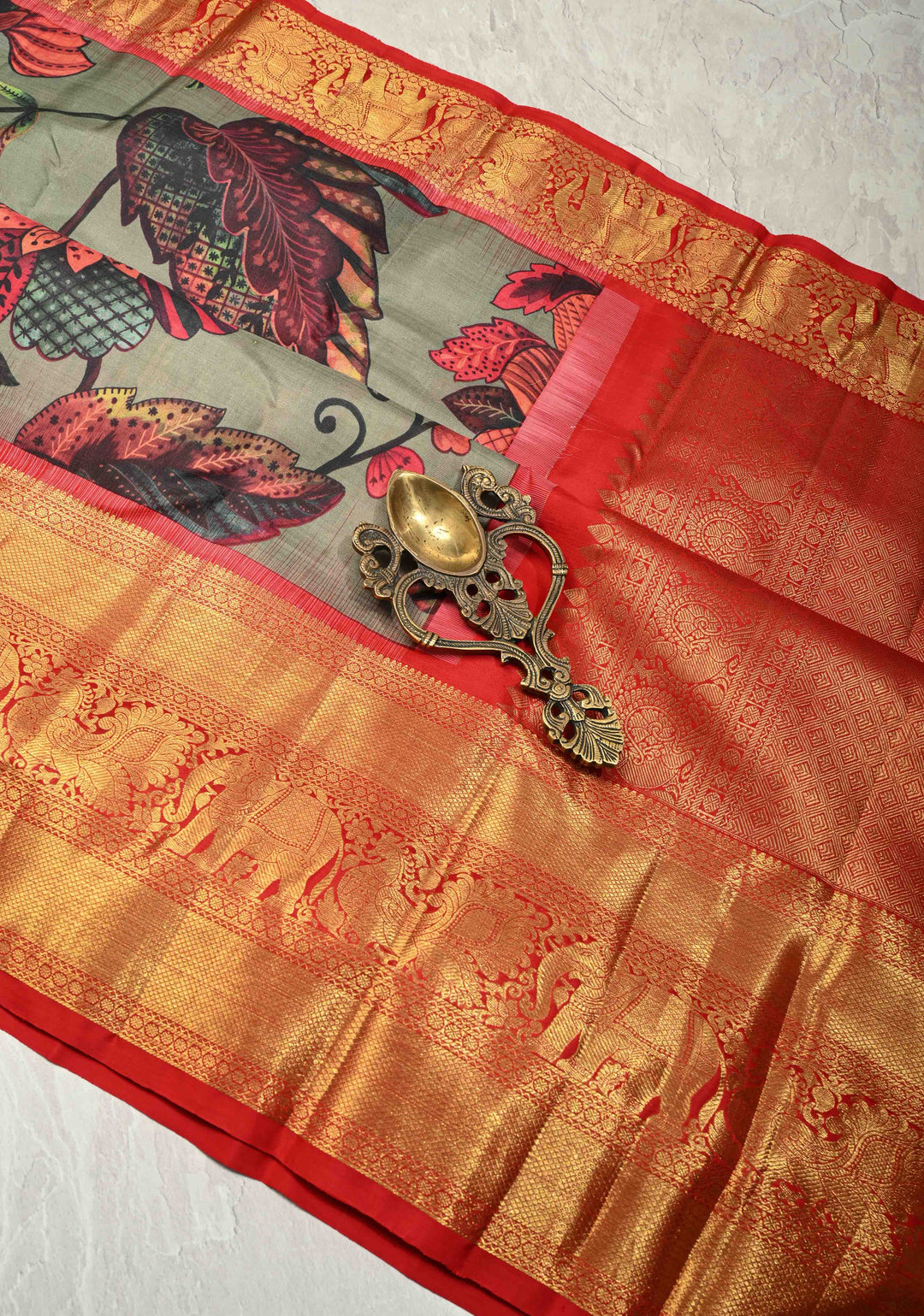 Dark Sage Green Pure Kanjivaram Silk Saree with Floral Digital Print and Contrast Wide Zari Border | SILK MARK CERTIFIED