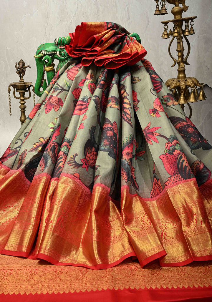 Dark Sage Green Pure Kanjivaram Silk Saree with Floral Digital Print and Contrast Wide Zari Border | SILK MARK CERTIFIED