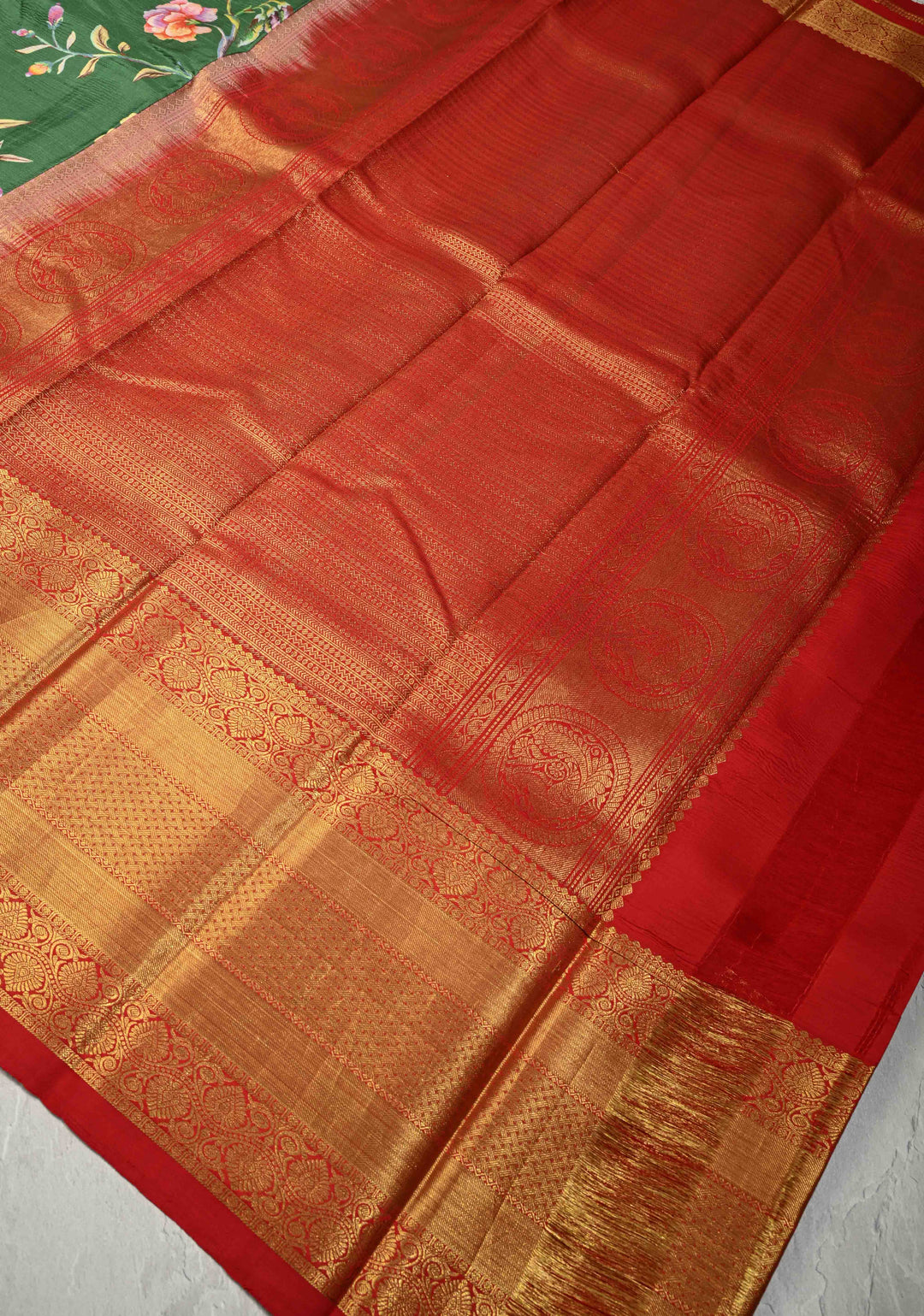 Jade Green Pure Kanjivaram Silk Saree with Floral Digital Print and Contrast Wide Zari Border | SILK MARK CERTIFIED