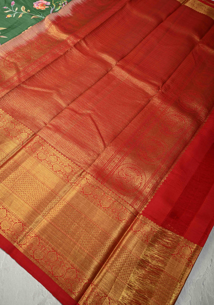 Jade Green Pure Kanjivaram Silk Saree with Floral Digital Print and Contrast Wide Zari Border | SILK MARK CERTIFIED