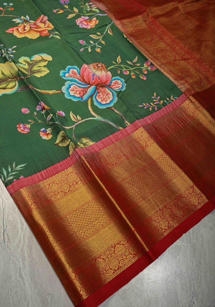 Jade Green Pure Kanjivaram Silk Saree with Floral Digital Print and Contrast Wide Zari Border | SILK MARK CERTIFIED