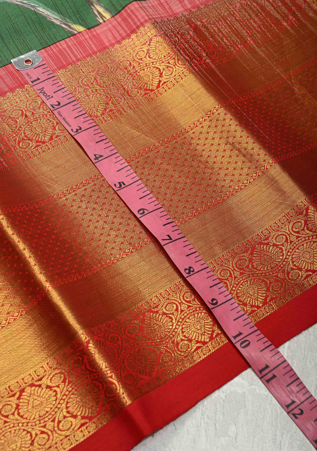 Jade Green Pure Kanjivaram Silk Saree with Floral Digital Print and Contrast Wide Zari Border | SILK MARK CERTIFIED