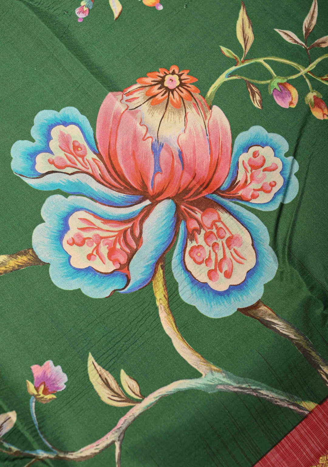 Jade Green Pure Kanjivaram Silk Saree with Floral Digital Print and Contrast Wide Zari Border | SILK MARK CERTIFIED