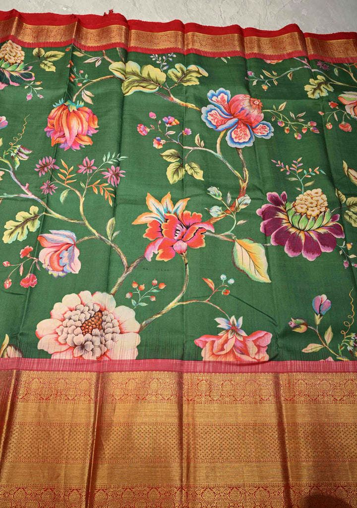 Jade Green Pure Kanjivaram Silk Saree with Floral Digital Print and Contrast Wide Zari Border | SILK MARK CERTIFIED