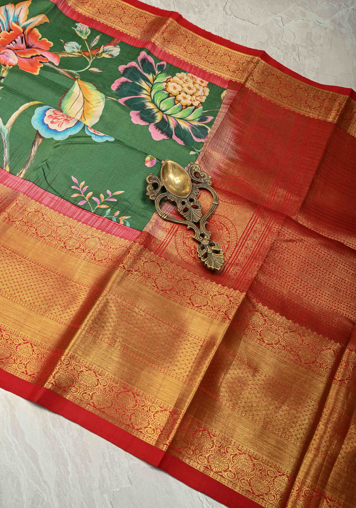 Jade Green Pure Kanjivaram Silk Saree with Floral Digital Print and Contrast Wide Zari Border | SILK MARK CERTIFIED