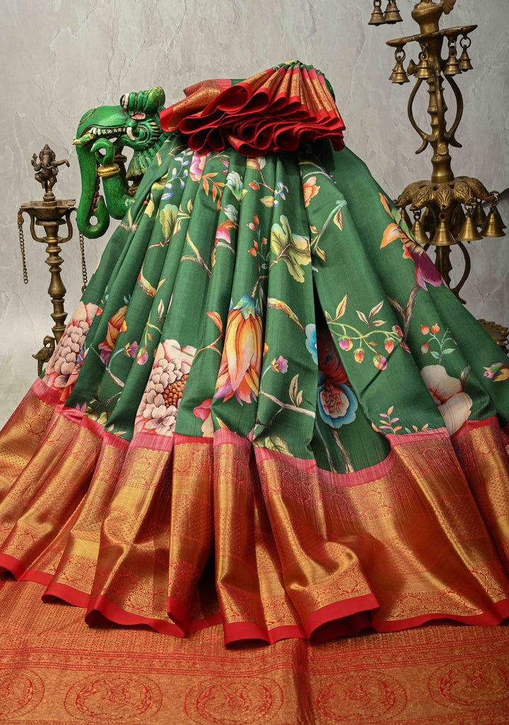 Jade Green Pure Kanjivaram Silk Saree with Floral Digital Print and Contrast Wide Zari Border | SILK MARK CERTIFIED