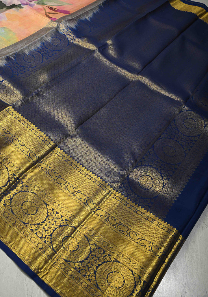 Pastel Hued Pure Kanjivaram Silk Saree with Floral Digital Print and Contrast Wide Zari Border | SILK MARK CERTIFIED