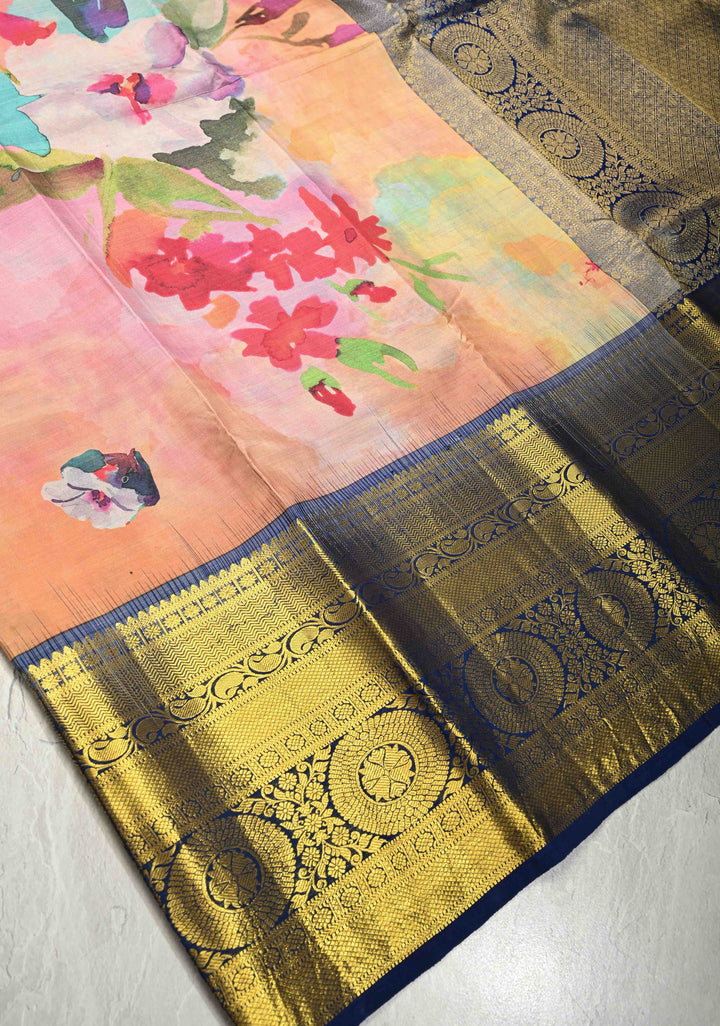 Pastel Hued Pure Kanjivaram Silk Saree with Floral Digital Print and Contrast Wide Zari Border | SILK MARK CERTIFIED