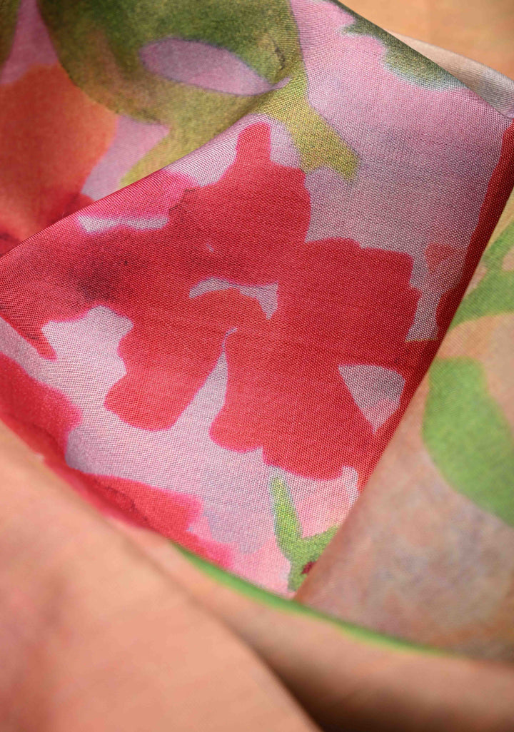 Pastel Hued Pure Kanjivaram Silk Saree with Floral Digital Print and Contrast Wide Zari Border | SILK MARK CERTIFIED