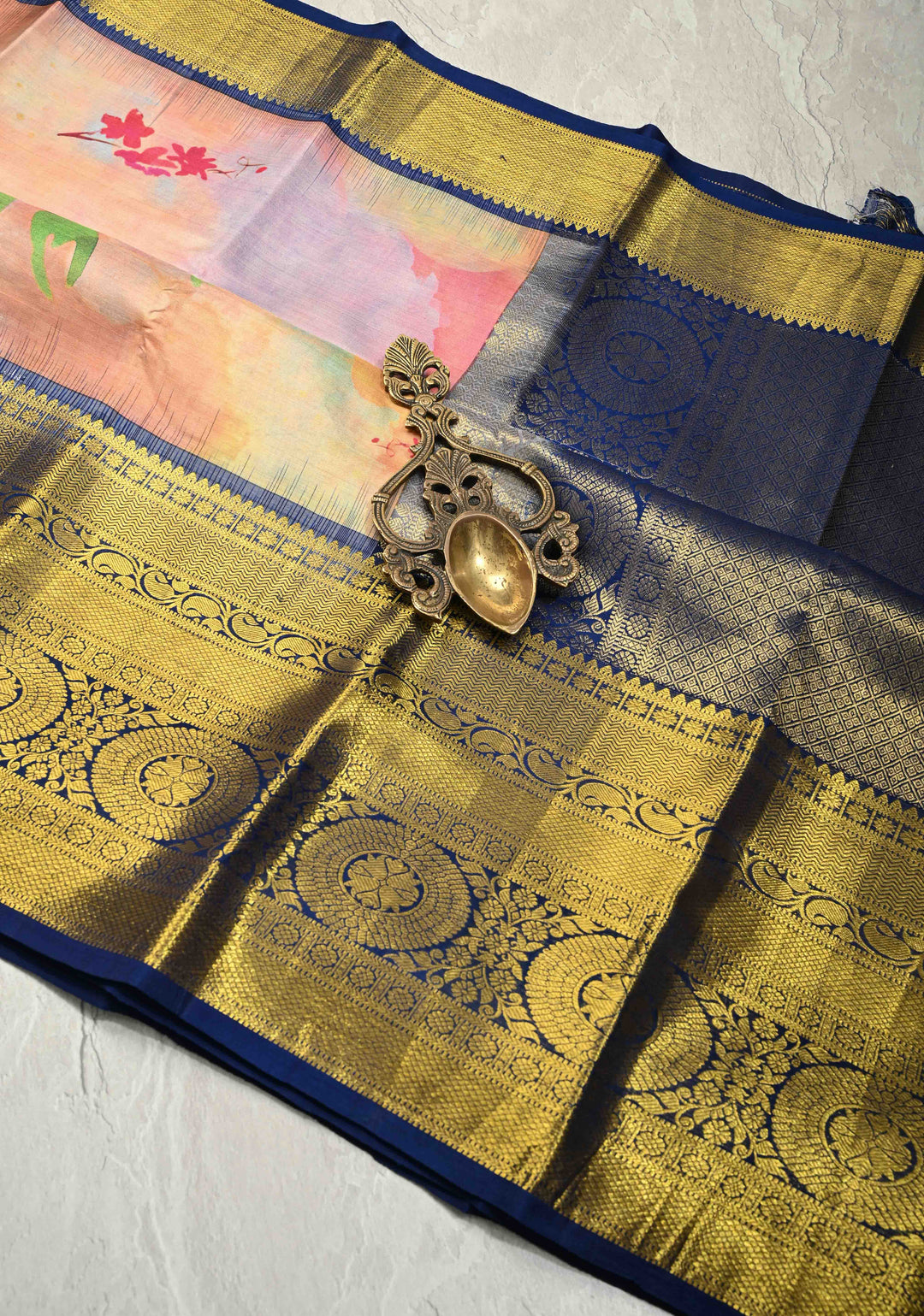 Pastel Hued Pure Kanjivaram Silk Saree with Floral Digital Print and Contrast Wide Zari Border | SILK MARK CERTIFIED