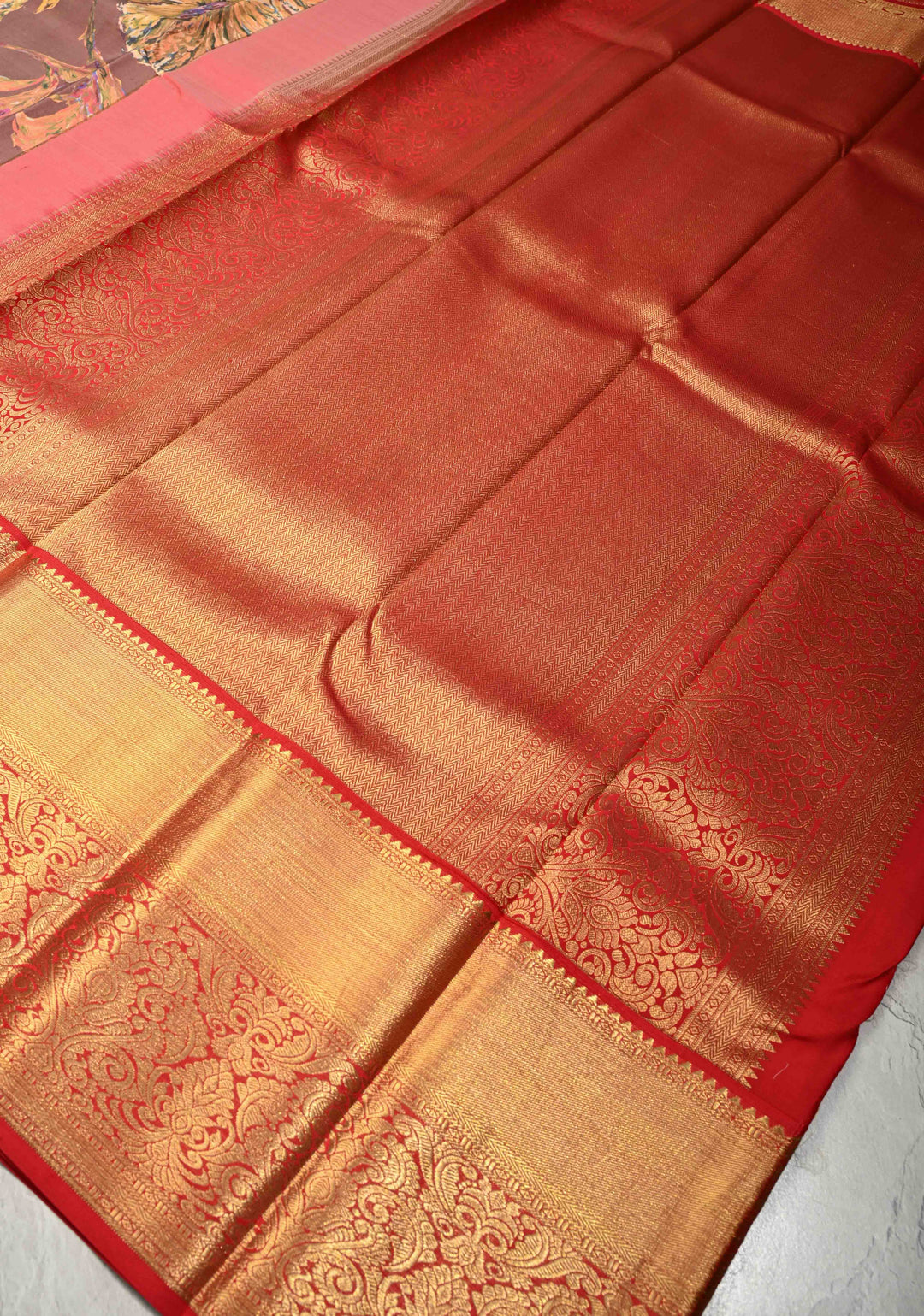 Chocolate Brown Pure Kanjivaram Silk Saree with Abstract Floral Digital Print and Contrast Zari Border | SILK MARK CERTIFIED