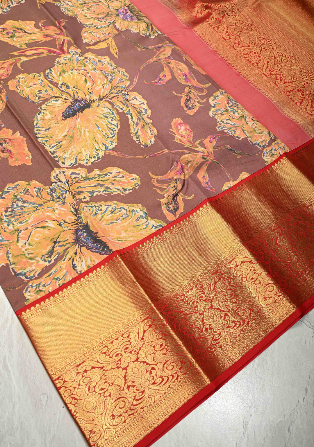 Chocolate Brown Pure Kanjivaram Silk Saree with Abstract Floral Digital Print and Contrast Zari Border | SILK MARK CERTIFIED