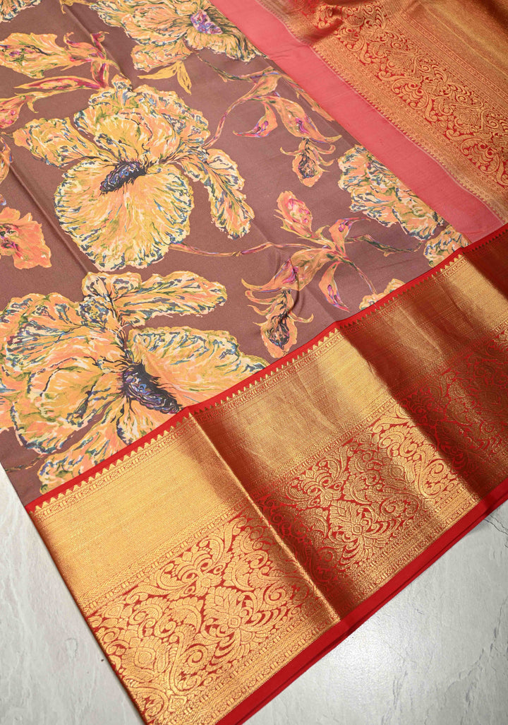 Chocolate Brown Pure Kanjivaram Silk Saree with Abstract Floral Digital Print and Contrast Zari Border | SILK MARK CERTIFIED
