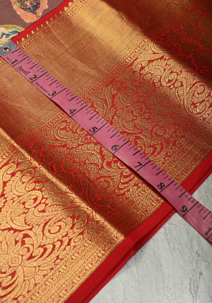 Chocolate Brown Pure Kanjivaram Silk Saree with Abstract Floral Digital Print and Contrast Zari Border | SILK MARK CERTIFIED