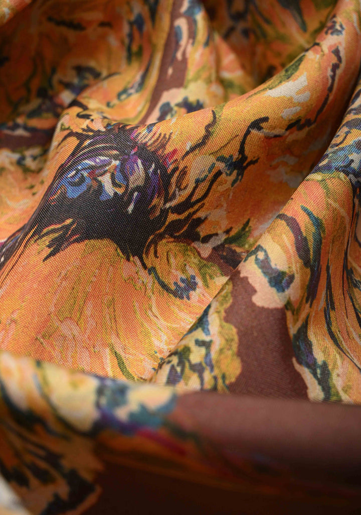 Chocolate Brown Pure Kanjivaram Silk Saree with Abstract Floral Digital Print and Contrast Zari Border | SILK MARK CERTIFIED