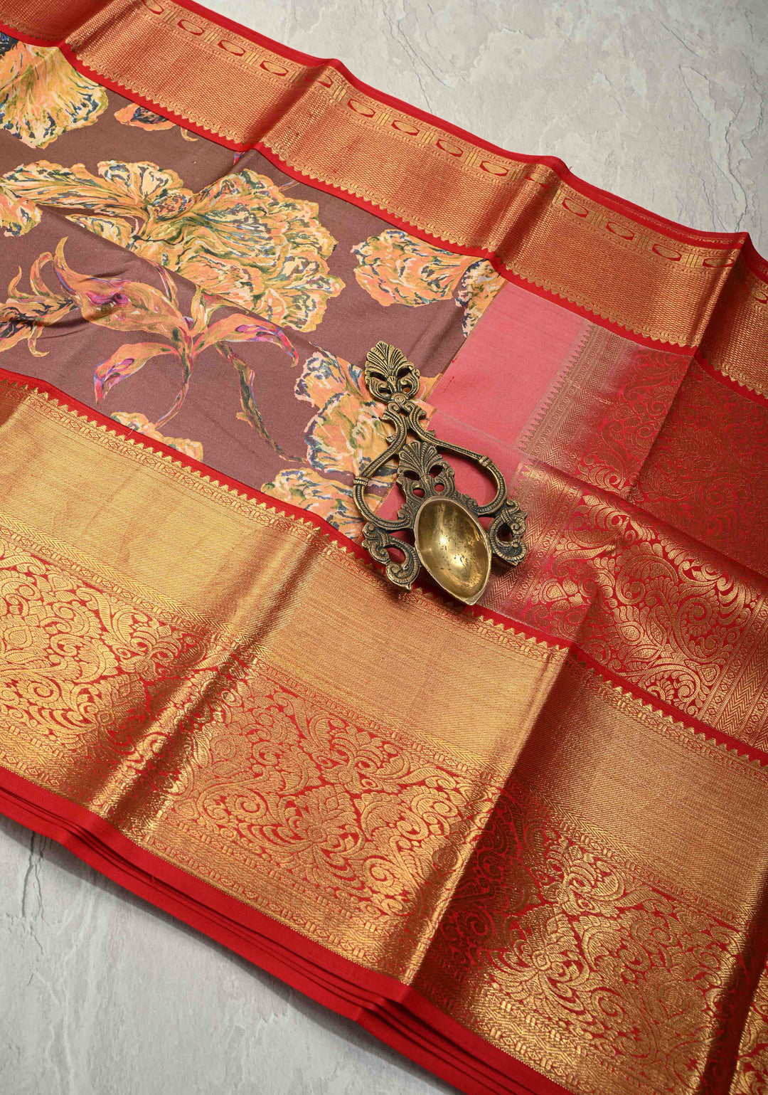 Chocolate Brown Pure Kanjivaram Silk Saree with Abstract Floral Digital Print and Contrast Zari Border | SILK MARK CERTIFIED