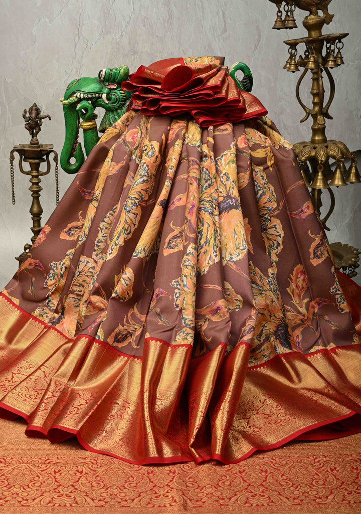 Chocolate Brown Pure Kanjivaram Silk Saree with Abstract Floral Digital Print and Contrast Zari Border | SILK MARK CERTIFIED