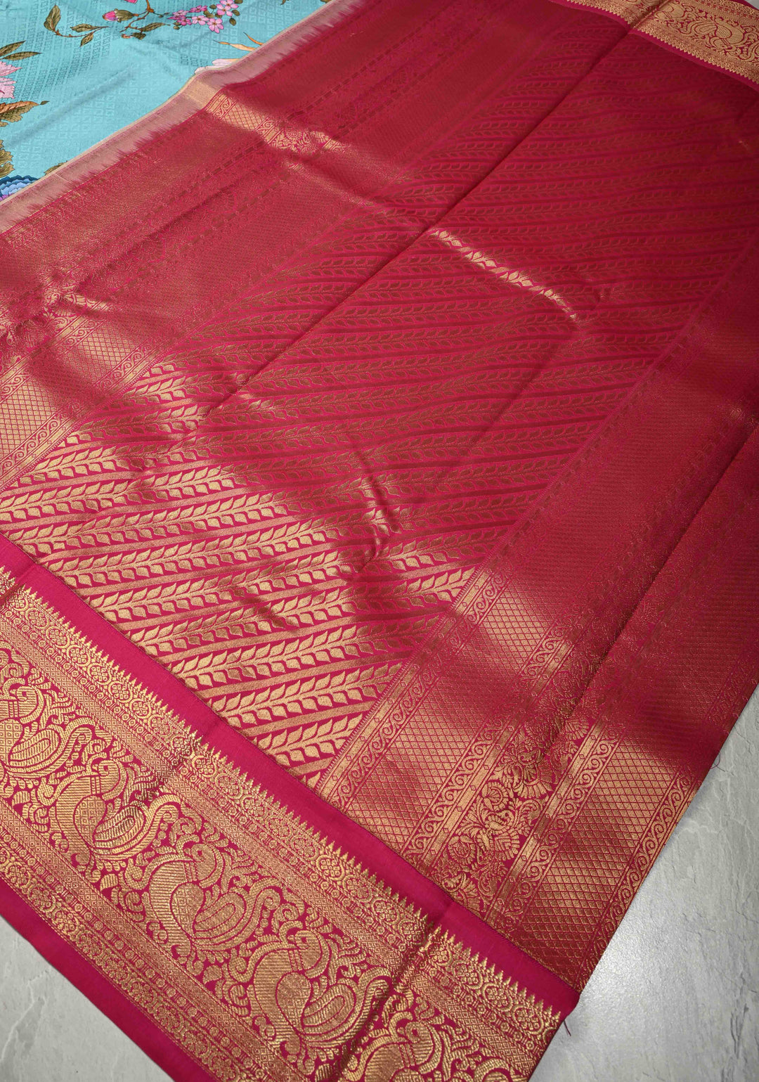 Cyan Pure Kanjivaram Silk Saree with Tropical Floral Digital Print and Contrast Zari Border | SILK MARK CERTIFIED