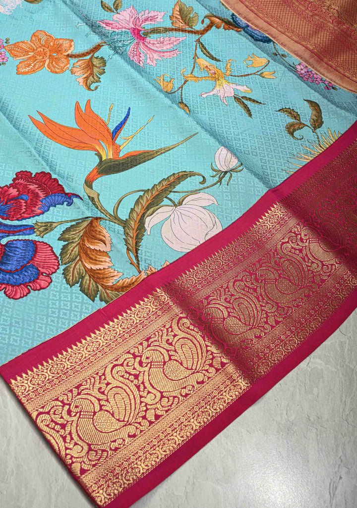 Cyan Pure Kanjivaram Silk Saree with Tropical Floral Digital Print and Contrast Zari Border | SILK MARK CERTIFIED