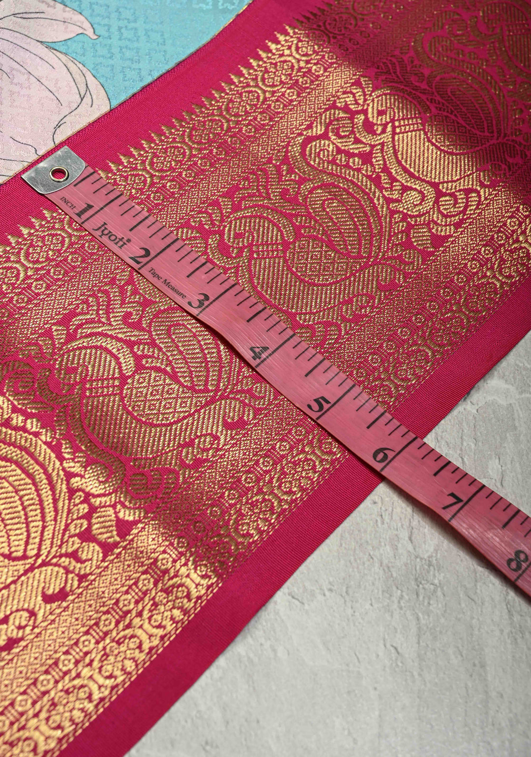 Cyan Pure Kanjivaram Silk Saree with Tropical Floral Digital Print and Contrast Zari Border | SILK MARK CERTIFIED