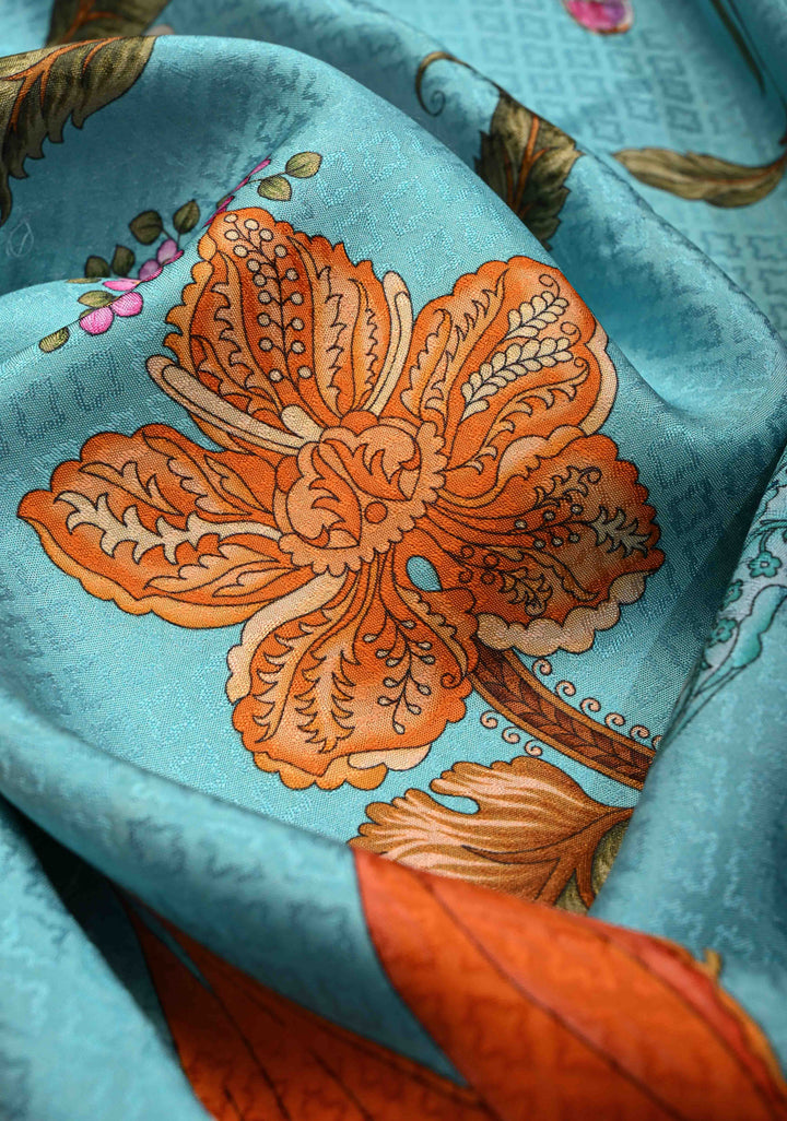 Cyan Pure Kanjivaram Silk Saree with Tropical Floral Digital Print and Contrast Zari Border | SILK MARK CERTIFIED