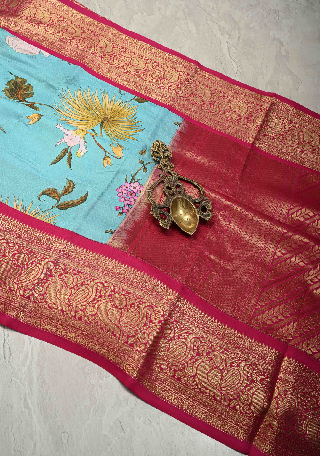 Cyan Pure Kanjivaram Silk Saree with Tropical Floral Digital Print and Contrast Zari Border | SILK MARK CERTIFIED