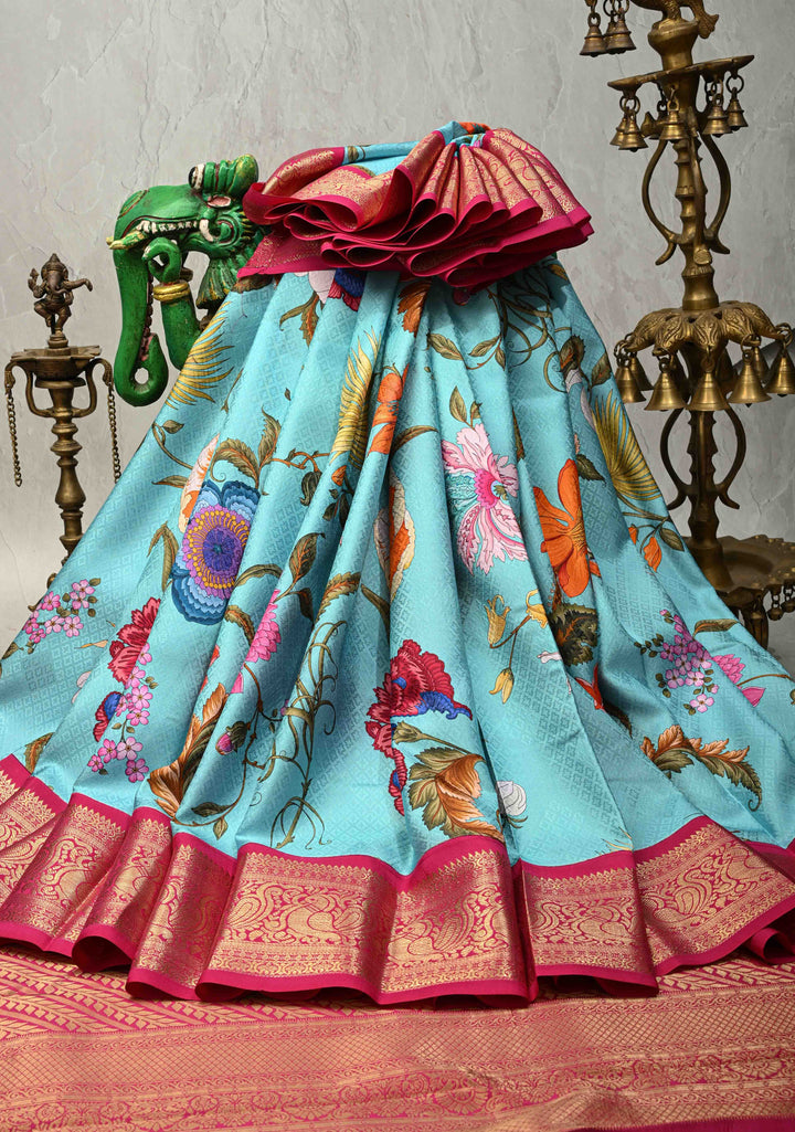 Cyan Pure Kanjivaram Silk Saree with Tropical Floral Digital Print and Contrast Zari Border | SILK MARK CERTIFIED