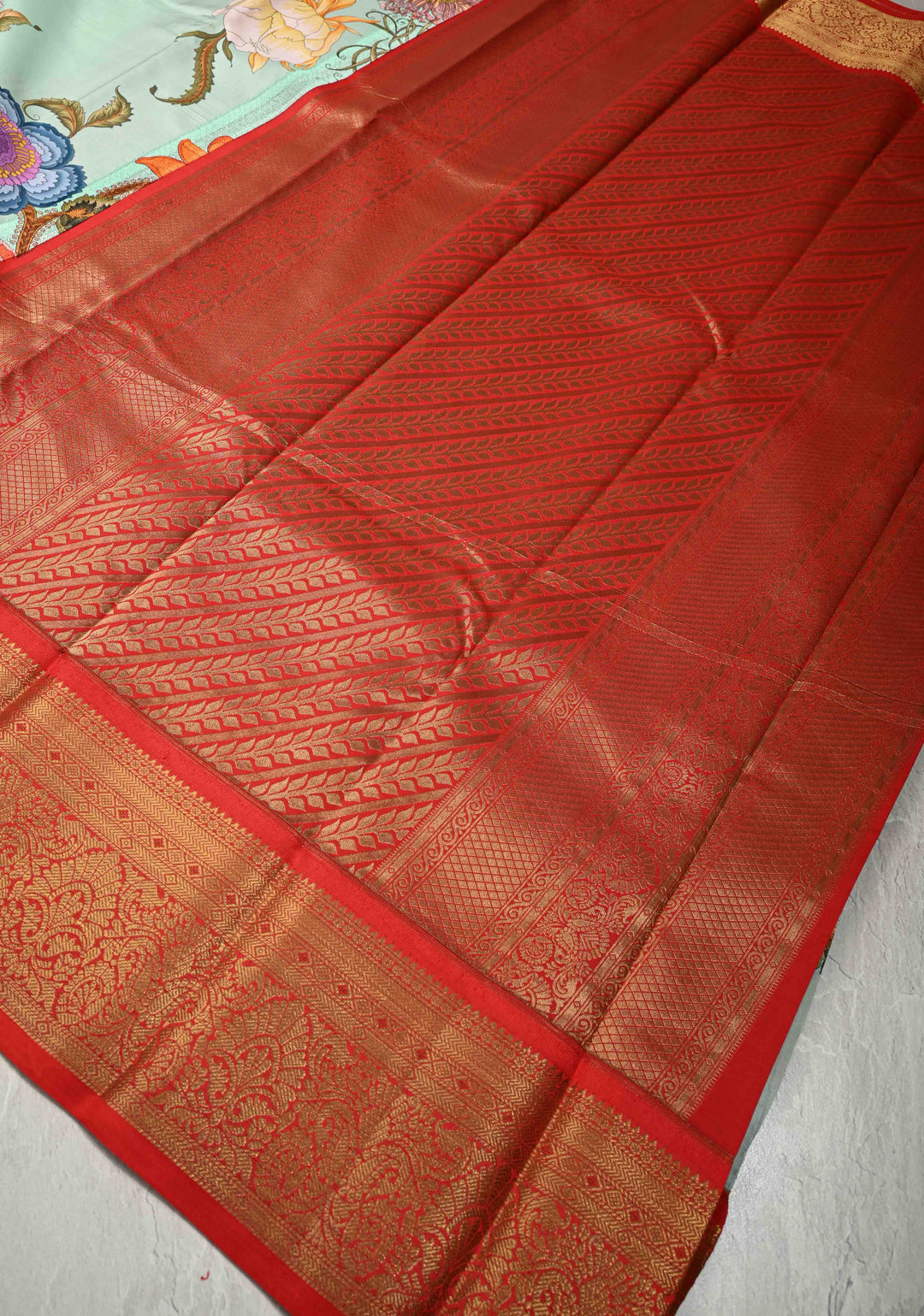 Mint Green Pure Kanjivaram Silk Saree with Tropical Floral Digital Print and Contrast Zari Border | SILK MARK CERTIFIED