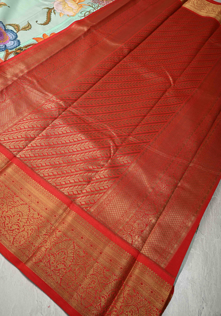 Mint Green Pure Kanjivaram Silk Saree with Tropical Floral Digital Print and Contrast Zari Border | SILK MARK CERTIFIED