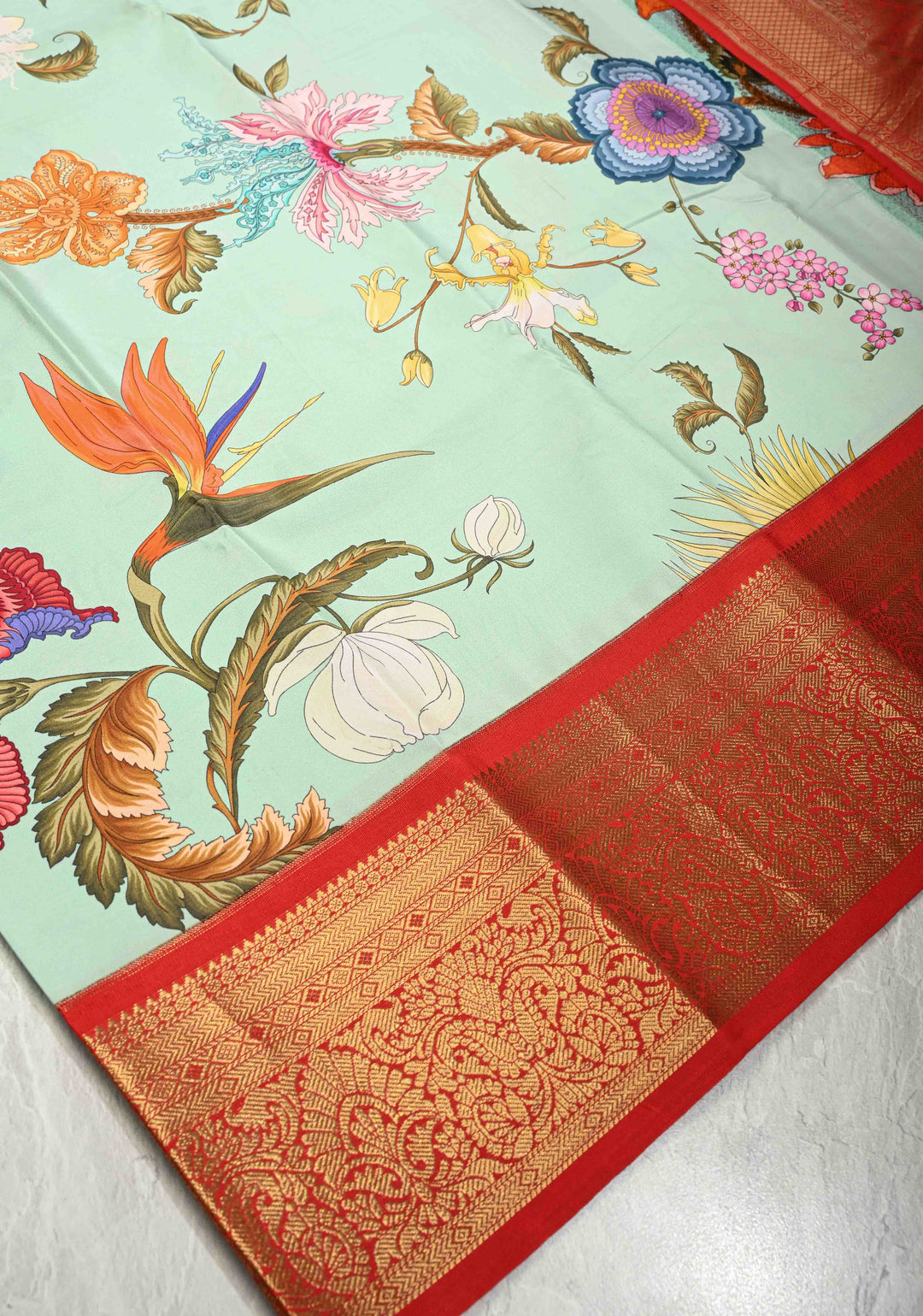 Mint Green Pure Kanjivaram Silk Saree with Tropical Floral Digital Print and Contrast Zari Border | SILK MARK CERTIFIED