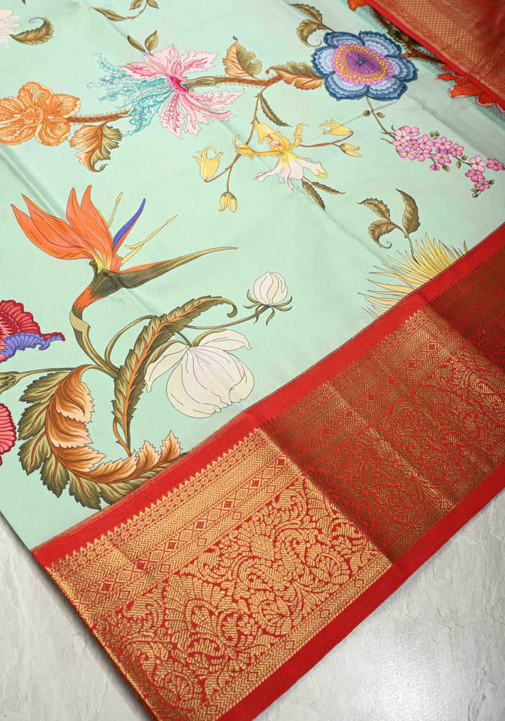 Mint Green Pure Kanjivaram Silk Saree with Tropical Floral Digital Print and Contrast Zari Border | SILK MARK CERTIFIED
