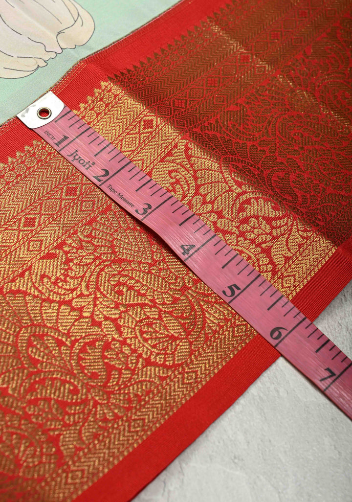 Mint Green Pure Kanjivaram Silk Saree with Tropical Floral Digital Print and Contrast Zari Border | SILK MARK CERTIFIED