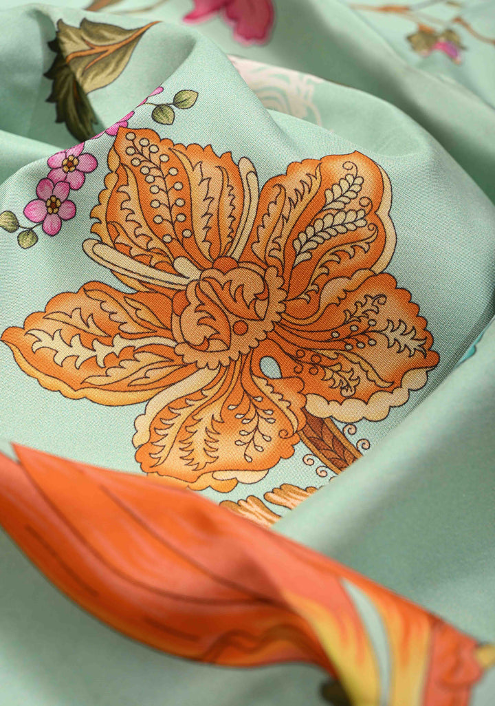 Mint Green Pure Kanjivaram Silk Saree with Tropical Floral Digital Print and Contrast Zari Border | SILK MARK CERTIFIED