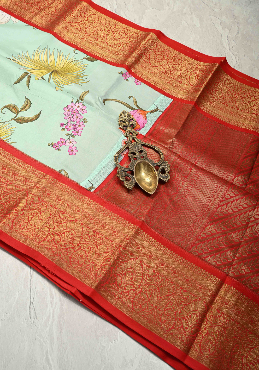 Mint Green Pure Kanjivaram Silk Saree with Tropical Floral Digital Print and Contrast Zari Border | SILK MARK CERTIFIED