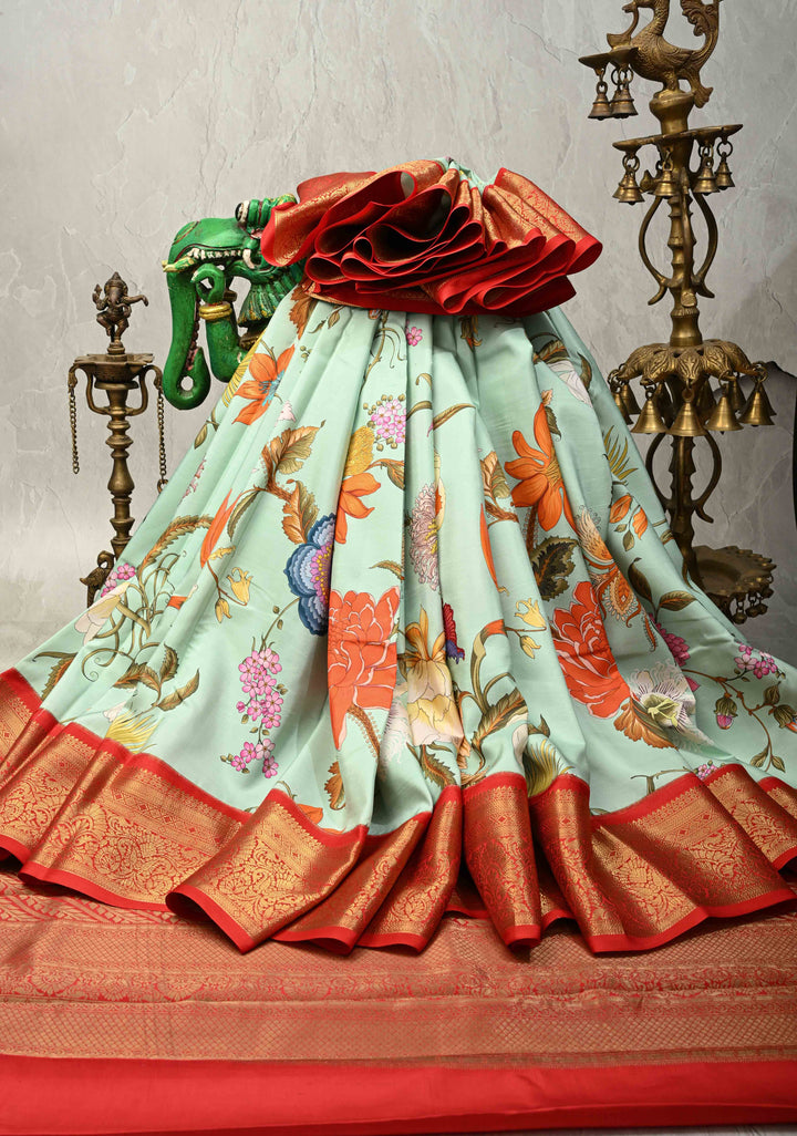 Mint Green Pure Kanjivaram Silk Saree with Tropical Floral Digital Print and Contrast Zari Border | SILK MARK CERTIFIED