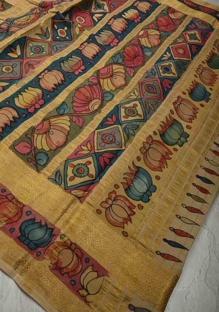 Authentic Pen Kalamkari on Pure Mysore Crepe Silk Saree with Panel and Stripes Design | SILK MARK CERTIFIED