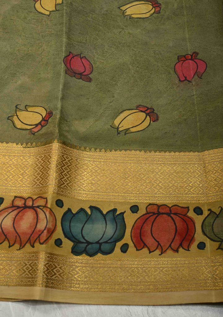 Authentic Pen Kalamkari on Pure Mysore Crepe Silk Saree with Panel and Stripes Design | SILK MARK CERTIFIED